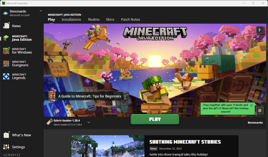 Launcher de Minecraft con el perfil de Fabric seleccionado.