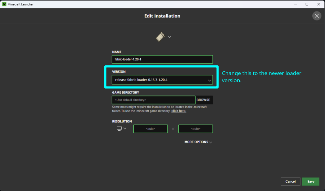 Mise à jour de la version de Fabric Loader dans le launcher Minecraft.